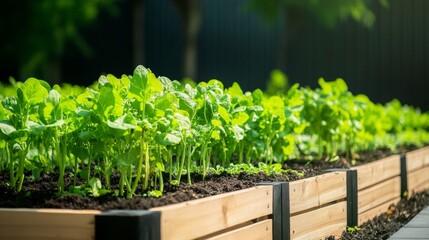 Urban Gardening Lush, Green Vegetables Growing in Raised Beds, Promoting Sustainable Living.