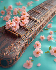 Traditional Veena with Yellow Flowers for Vasant Panchami on a Bright Blue Background