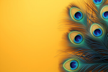 Obraz premium Peacock Feather Fan for Vasant Panchami Celebration on a Bright Yellow Background