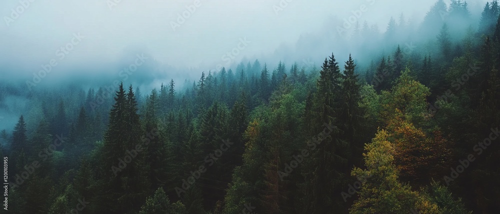 Poster Mystical forests enveloped in thick fog create an enchanting atmosphere at dawn