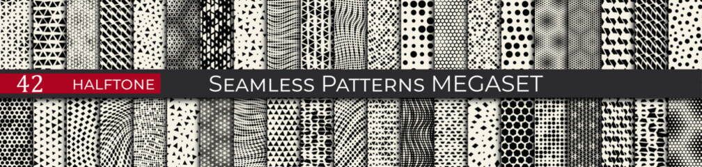 This seamless halftone pattern set includes 42 geometric black-and-white designs, ideal for modern and retro projects.