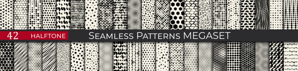 This seamless halftone pattern set includes 42 geometric black-and-white designs, ideal for modern and retro projects.