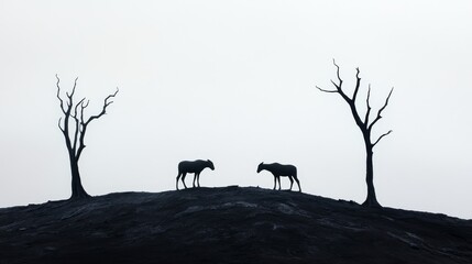 Charred Hills, Silhouetted Animals - Two animals stand silhouetted against a gray background of charred trees and a hill, symbolizing resilience, loss, contrast, survival, and the aftermath.