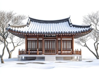 Obraz premium A traditional Korean pavilion with snowy roofs, surrounded by serene winter trees, isolated image on a white background