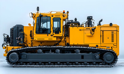Obraz premium Yellow tracked vehicle, snowy field, winter