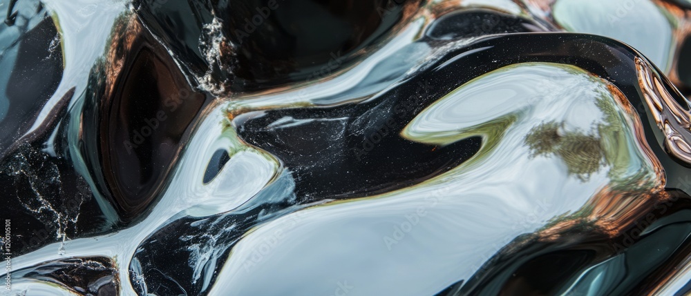 Poster obsidian glass formation with smooth and shiny surface reflecting light in a natural setting