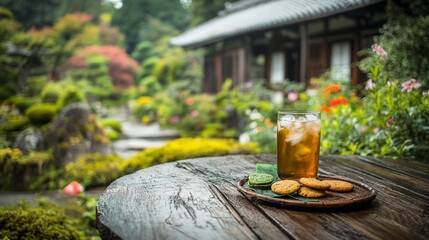 Iced tea and cookies on wooden table in tranquil Japanese garden.