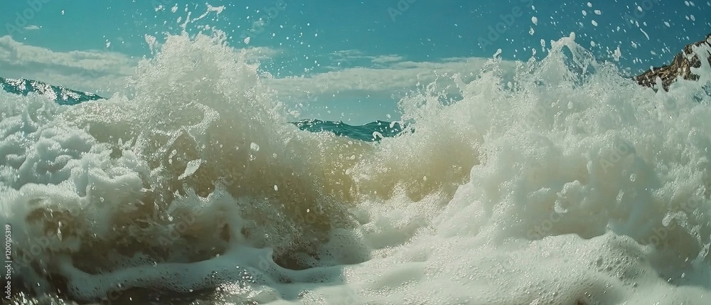 Poster ocean waves crashing violently against the shore, creating foam and spray under a bright sky