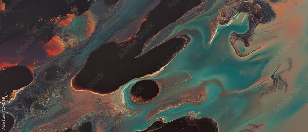 Poster Iridescent oil slicks create swirling patterns of color on the water surface in a mesmerizing display