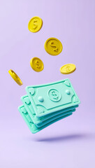 stack of teal dollar bills and yellow coins on a purple backdrop