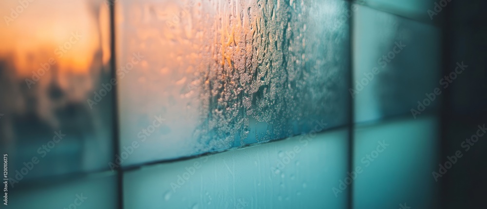 Poster natural light diffuses through frosted glass creating a serene atmosphere during evening hours