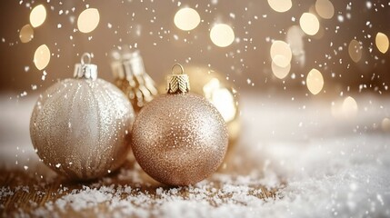 Sparkling gold and cream Christmas baubles on snow with bokeh lights.
