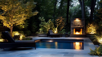 Night scene of backyard with pool, fireplace, and lounge chairs.