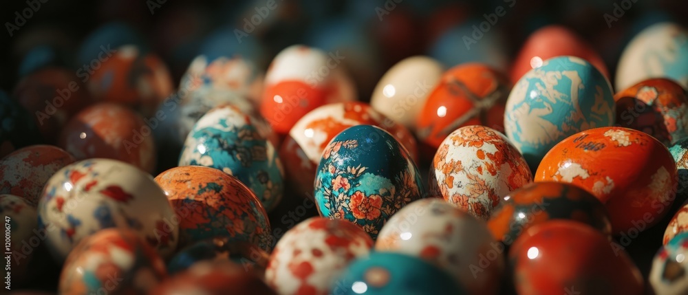 Poster Colorful collection of intricately painted eggs displayed together in vibrant patterns and hues