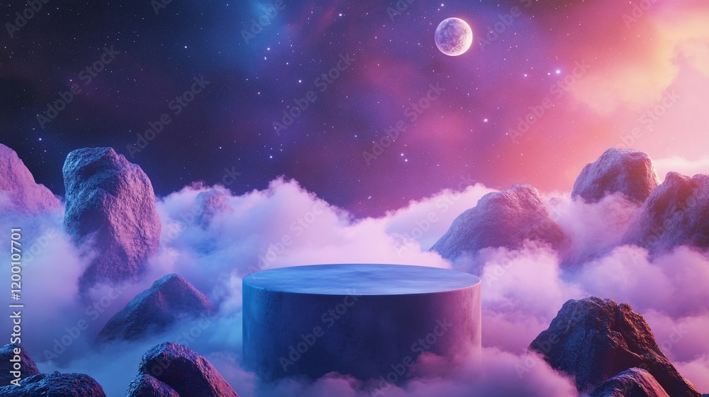 Wall mural futuristic platform in surreal cloudscape with mountains and nebula.