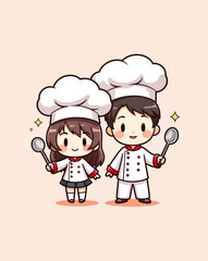 Obraz premium two smiling cartoon chefs in white uniforms holding spoons