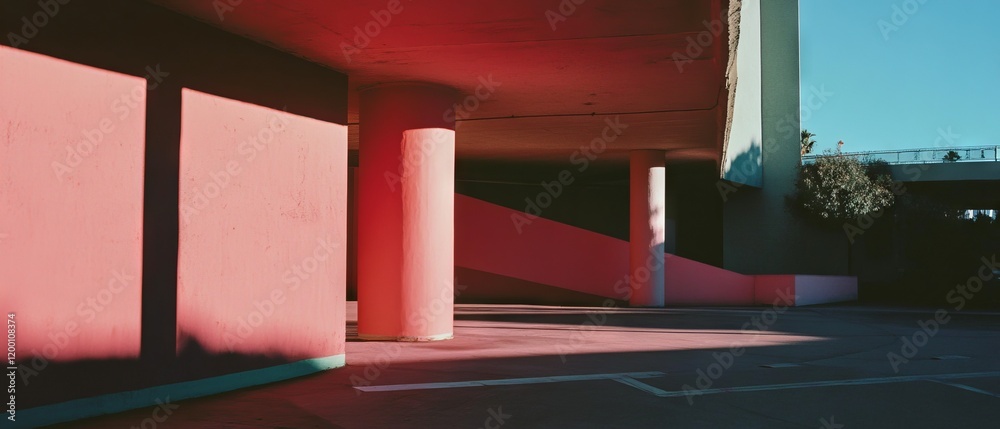 Poster brightly colored architecture with shadows during sunset in urban setting