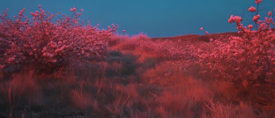 Vibrant pink blossoms illuminate a serene landscape at dusk
