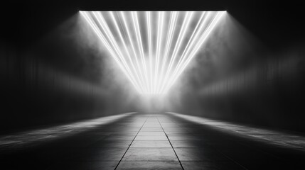 Dramatic light beams illuminate a dark corridor creating an ethereal atmosphere