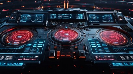 Obraz premium Futuristic DJ console with glowing red and blue interfaces.