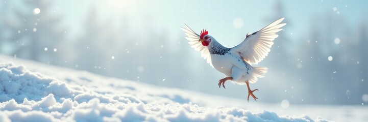 A lively bird gracefully flutters through a snowy landscape, capturing the essence of winter's beauty and the wonders of nature.