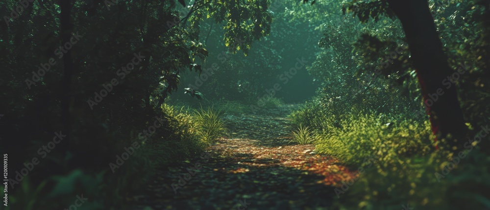 Poster serene forest path with dappled sunlight creating a peaceful atmosphere for a nature walk