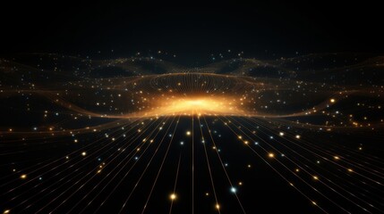 Abstract image of glowing golden particles forming wave-like patterns on a dark background, symbolizing motion, energy, and elegance