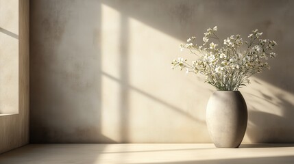 Elegant vase with white flowers in a minimalistic interior bathed in soft sunlight