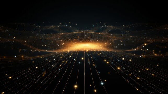 Abstract image of glowing golden particles forming wave-like patterns on a dark background, symbolizing motion, energy, and elegance