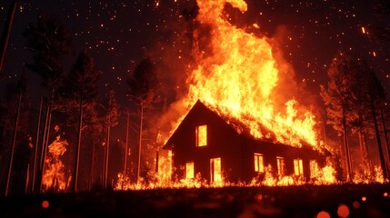 House Fire Time-Lapse at Night - A time-lapse of a raging inferno consuming a house in a forest at night. Symbolizing destruction, loss, nature's power, vulnerability, and rebirth.
