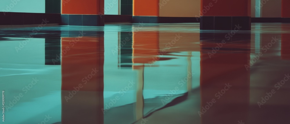 Poster reflections on glossy floors create a vibrant interplay of colors in a modern space