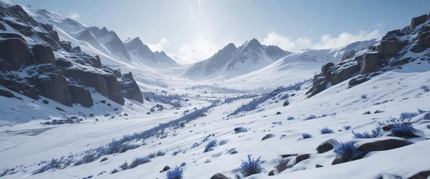 Snow-covered hills with blue snowflakes falling on them, snowy hills, blue snowfall, frosty scenery