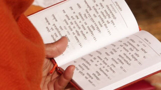 Guru with a book during a conference, Maha Kumbh Mela, Allahabad, India
