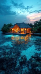 Tranquil sunset retreat maldives high-resolution image serene waters aerial view vacation dream
