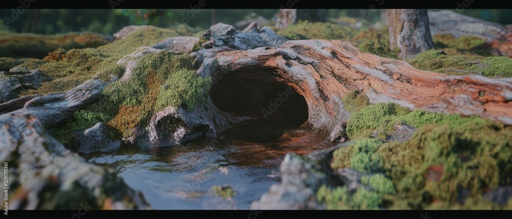 Poster rough bark and moss create a textured landscape around a small water pool in a forest