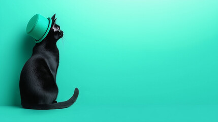 Elegant black cat with hat on turquoise background with ample empty space. Vibrant banner for holiday design, promotions, advertising
