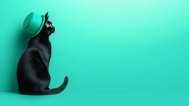 Elegant black cat with hat on turquoise background with ample empty space. Vibrant banner for holiday design, promotions, advertising