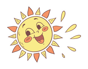 happy sun character with expressive eyes and a wide smile, featuring playful rays and a whimsical design, ideal for bright and joyful artwork or educational materials for kids