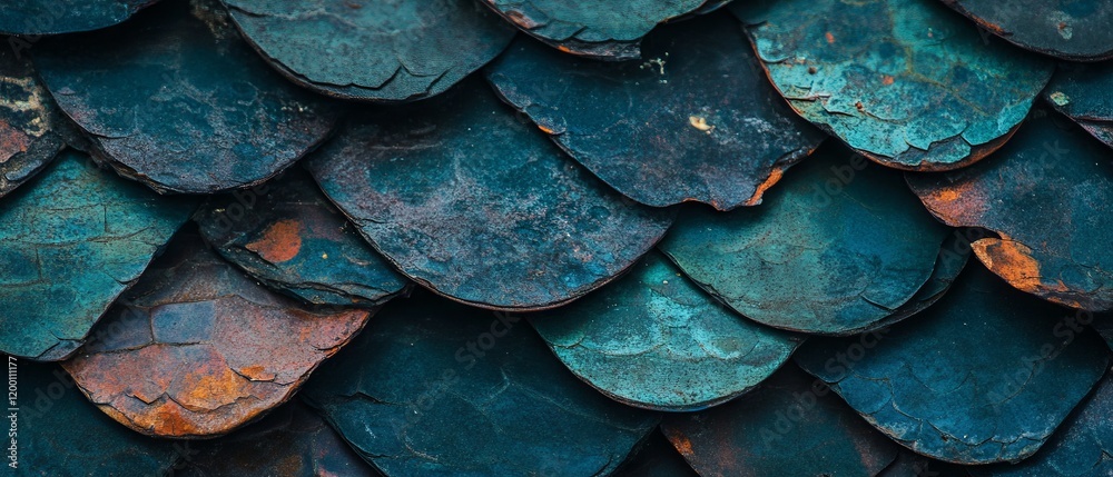 Poster textured rough scales displaying varied colors and intricate surfaces on a flat surface