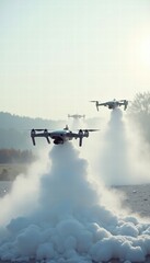 Fototapeta premium Drones launch above a cloud of fog, showcasing advanced technology in aerial operations, suitable for fire control and environmental monitoring.