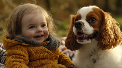 Happy toddler girl and Cavalier King Charles Spaniel dog together outdoors.