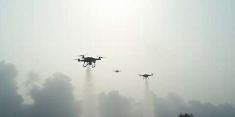 Fototapeta premium A trio of drones flying through a misty sky, showcasing advanced technology in aerial surveillance and agriculture. Ideal for tech, agriculture, and environmental projects.