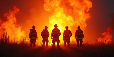 A heroic group of firefighters faces a massive blaze, showcasing bravery and dedication in the line of duty. Ideal for fire safety promotion and emergency response campaigns.