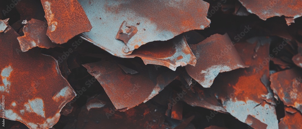 Poster Rusty metal sheets displaying flaking rust and rough texture in an industrial setting
