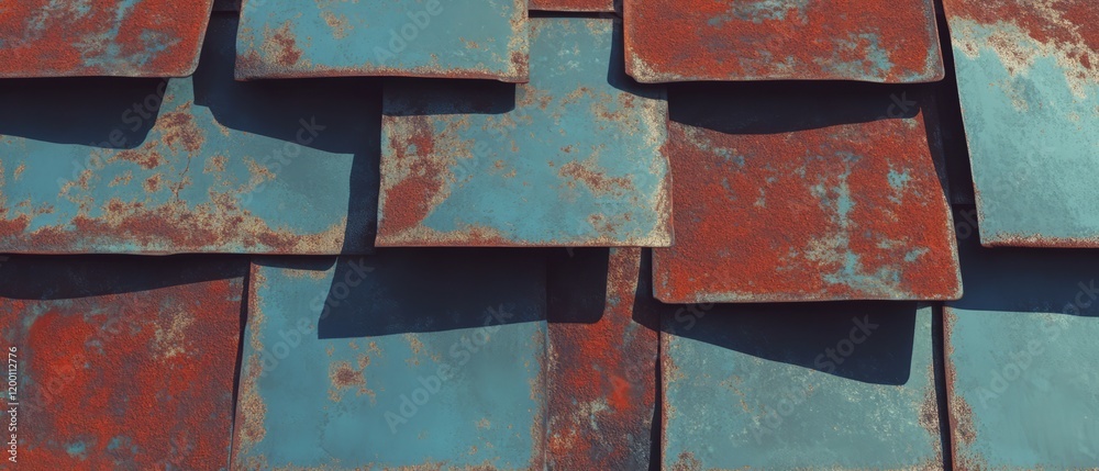 Poster rusty metal sheets with flaking paint showcase textures of industrial decay and weathering in direct