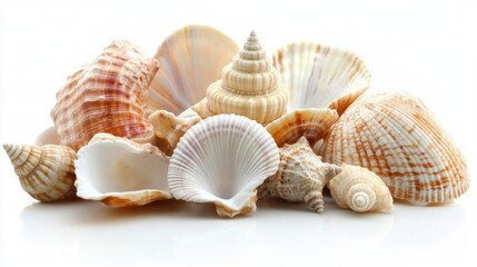 Obraz premium Seashells on White Background: Collection of Ocean Treasures