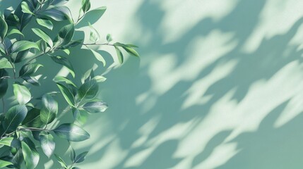 Lush green leaves and shadows on a pastel green background.