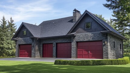 Obraz premium A bold 3-car garage with deep red steel doors, dark gray stone walls, and a black shingle roof
