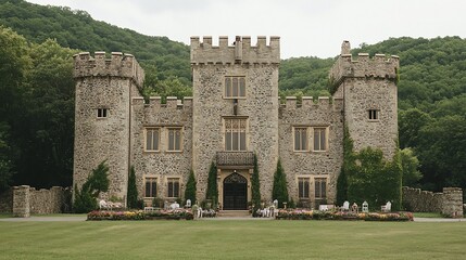 Majestic stone castle with crenellations, set against a lush green hillside.
