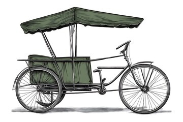 Vintage Green Canvas-Canopied Tricycle Cargo Bike Illustration